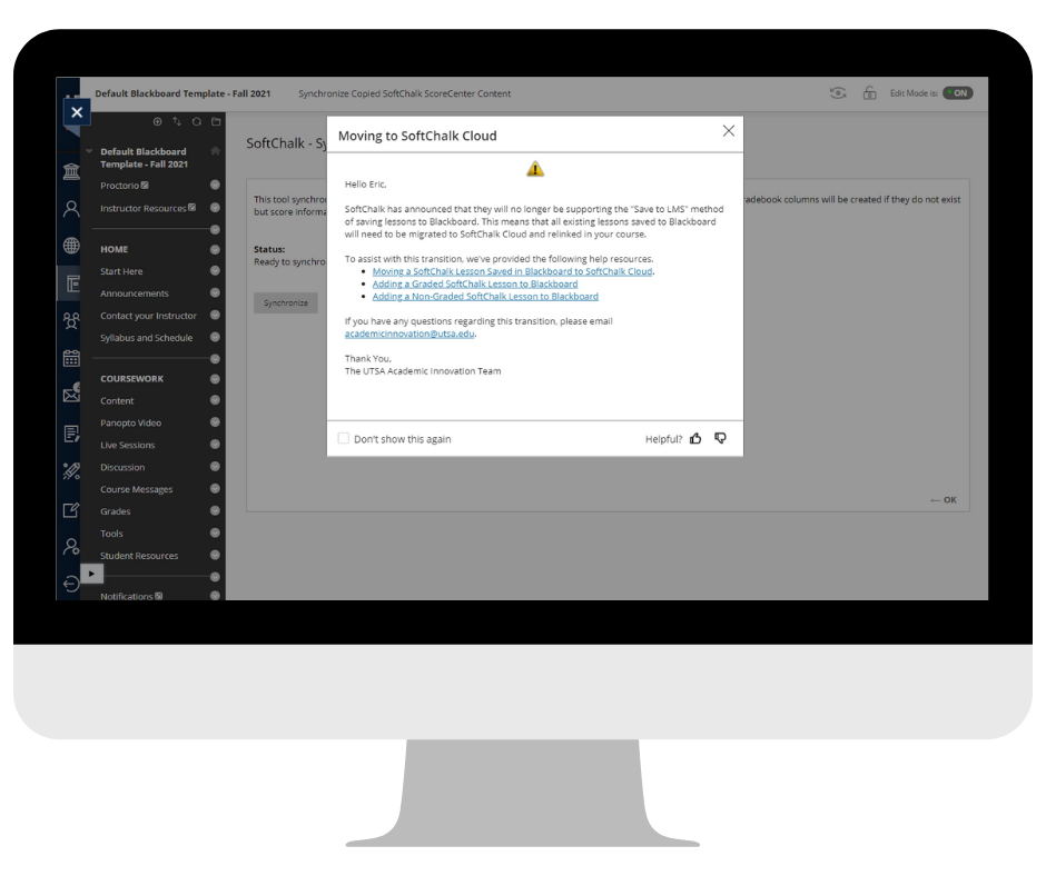Screenshot of Blackboard Learn with a popup message notifying users about the move to SoftChalk Cloud