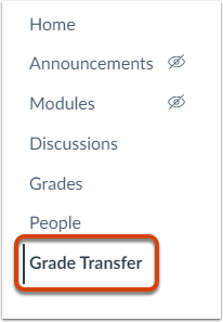 Canvas course navigation with the Grade Transfer link highlighted. 