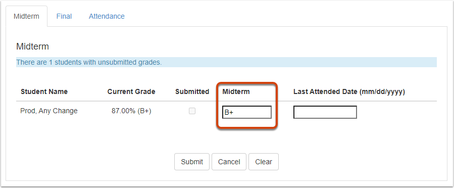 Canvas grade transfer entry form with the midterm column of grade entry fields highlighted. 
