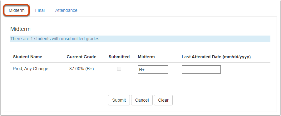 Canvas grade transfer entry form with the midterm tab highlighted. 