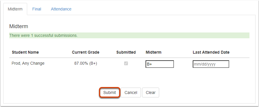 Canvas grade transfer entry form with the submit button highlighted and a green message saying, "There were 1 successful submissions."